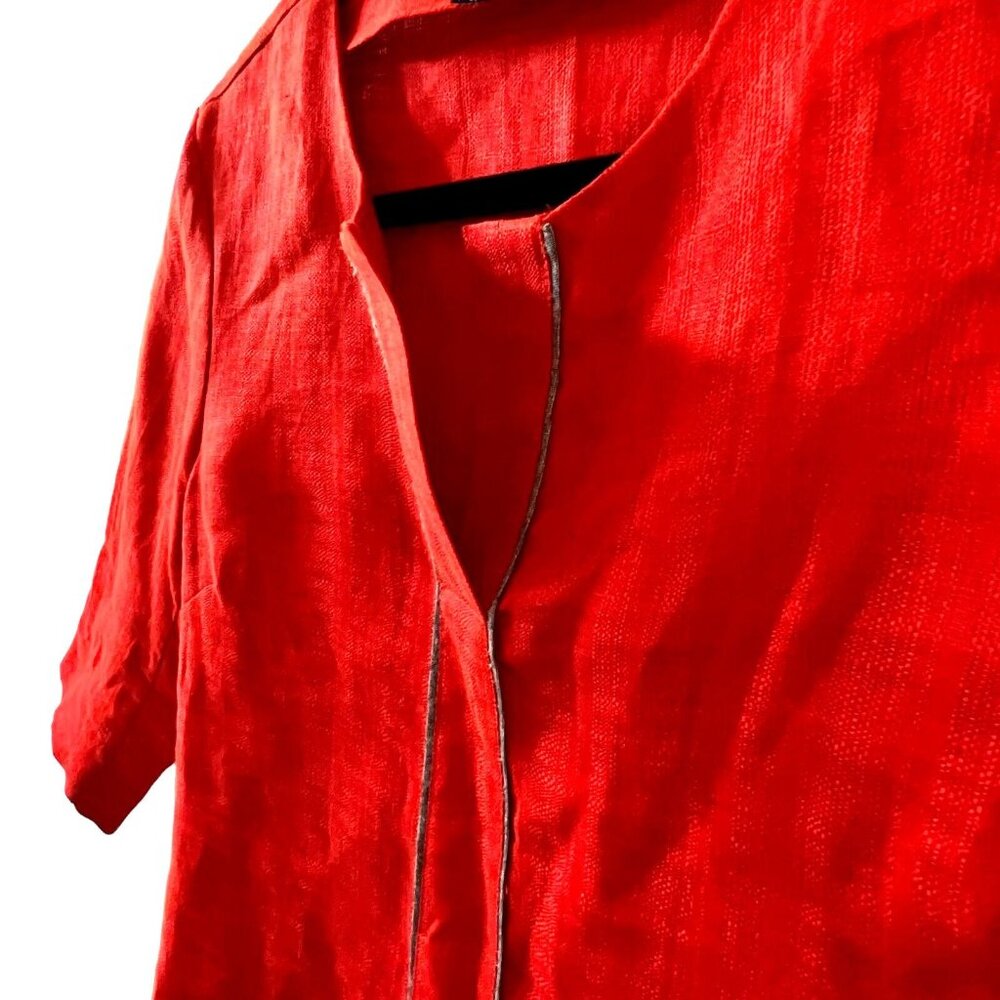 PENDLETON Blouse Womens Petite 8 Red Linen Pullover V Neck Gray Trim 3/4 Sleeve - Picture 3 of 13